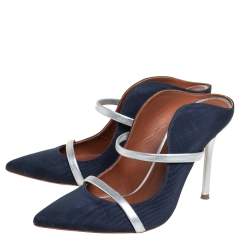 Pre Owned Malone Souliers Navy Blue Canvas And Leather Maureen Pointed Toe Mules Size 36