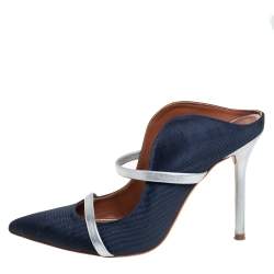 Pre Owned Malone Souliers Navy Blue Canvas And Leather Maureen Pointed Toe Mules Size 36