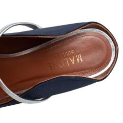 Pre Owned Malone Souliers Navy Blue Canvas And Leather Maureen Pointed Toe Mules Size 36