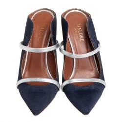 Pre Owned Malone Souliers Navy Blue Canvas And Leather Maureen Pointed Toe Mules Size 36