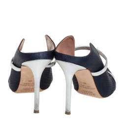 Pre Owned Malone Souliers Navy Blue Canvas And Leather Maureen Pointed Toe Mules Size 36