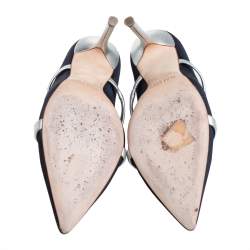 Pre Owned Malone Souliers Navy Blue Canvas And Leather Maureen Pointed Toe Mules Size 36