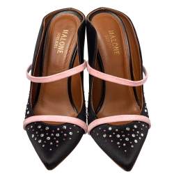 Pre Owned Malone Souliers Black/Pink Satin and Suede Crystal Maureen Mules Sandals Size 37