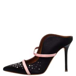 Pre Owned Malone Souliers Black/Pink Satin and Suede Crystal Maureen Mules Sandals Size 37