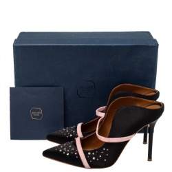 Pre Owned Malone Souliers Black/Pink Satin and Suede Crystal Maureen Mules Sandals Size 37