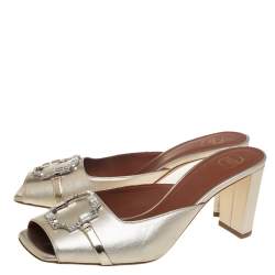 Pre Owned صندل مول مالون سولييه مقدمة مربعة مزخرف جلد ذهبي مقاس 38.5