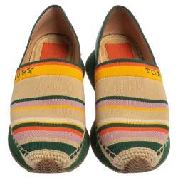 Pre Owned Tory Burch Multicolor Leather And Woven Fabric Logo Espadrilles Size 39