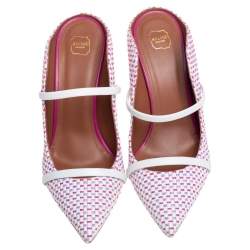 Pre Owned Malone Souliers Multicolor Raffia And White Leather Trim Maureen Pointed Toe Mules Size 38.5