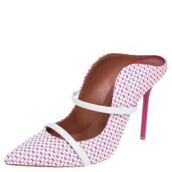 Pre Owned Malone Souliers Multicolor Raffia And White Leather Trim Maureen Pointed Toe Mules Size 38.5