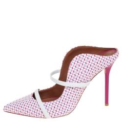 Pre Owned Malone Souliers Multicolor Raffia And White Leather Trim Maureen Pointed Toe Mules Size 38.5