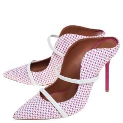 Pre Owned Malone Souliers Multicolor Raffia And White Leather Trim Maureen Pointed Toe Mules Size 38.5