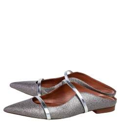 Pre Owned Malone Souliers Silver Glitter Leather Maureen Pointed Toe Flats Size 38.5
