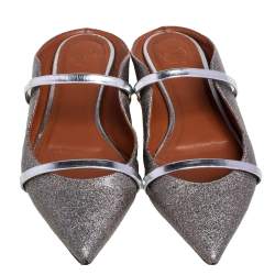 Pre Owned Malone Souliers Silver Glitter Leather Maureen Pointed Toe Flats Size 38.5