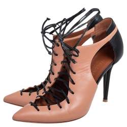 Pre Owned Malone Souliers Beige/Black Leather Montana Pointed Toe Lace Up Booties Size 38