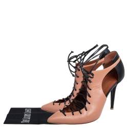 Pre Owned Malone Souliers Beige/Black Leather Montana Pointed Toe Lace Up Booties Size 38