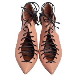 Pre Owned Malone Souliers Beige/Black Leather Montana Pointed Toe Lace Up Booties Size 38