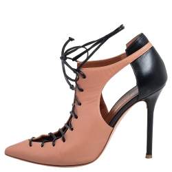 Pre Owned Malone Souliers Beige/Black Leather Montana Pointed Toe Lace Up Booties Size 38