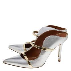 Pre Owned Malone Souliers Silver/Gold Patent And Leather Maureen Mules Size 39
