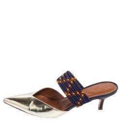 Pre Owned Malone Souliers Metallic Gold Leather and Cord Maisie Pointed Toe Mules Size 39.5