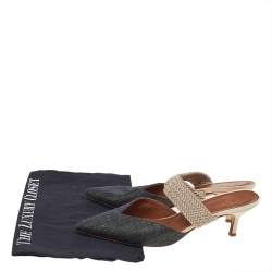 Pre Owned Malone Souliers  Blue/Beige Canvas And Raffia Maisie Pointed Toe Mules Size 38