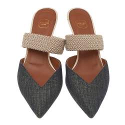 Pre Owned Malone Souliers  Blue/Beige Canvas And Raffia Maisie Pointed Toe Mules Size 38
