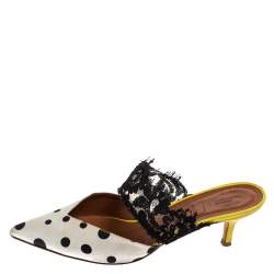 Pre Owned Malone Souliers by Emanuel Ungaro White/Black Polka Dot Satin And Lace Maisie Pointed Toe Mules Size 38
