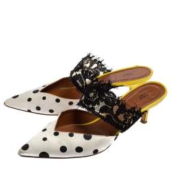 Pre Owned Malone Souliers by Emanuel Ungaro White/Black Polka Dot Satin And Lace Maisie Pointed Toe Mules Size 38