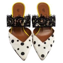 Pre Owned Malone Souliers by Emanuel Ungaro White/Black Polka Dot Satin And Lace Maisie Pointed Toe Mules Size 38