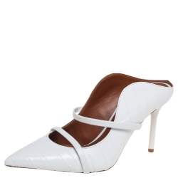 Pre Owned Malone Souliers White Croc Embossed Leather Maureen Mule Sandals Size 37.5