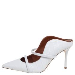 Pre Owned Malone Souliers White Croc Embossed Leather Maureen Mule Sandals Size 37.5