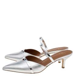 مملوكة مسبقًا Malone Souliers Metallic Silver Leather Frankie Mules Size 39