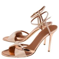 Pre Owned Malone Souliers Rose Gold Leather And Canvas Ankle Strap Sandals Size 36.5