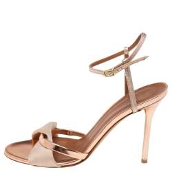 Pre Owned Malone Souliers Rose Gold Leather And Canvas Ankle Strap Sandals Size 36.5