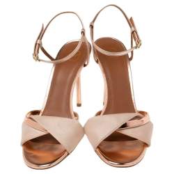 Pre Owned Malone Souliers Rose Gold Leather And Canvas Ankle Strap Sandals Size 36.5