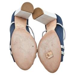 Pre Owned Malone Souliers Blue/Silver Fabric And Leather Maureen Block Heel Sandals Size 39
