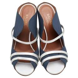 Pre Owned Malone Souliers Blue/Silver Fabric And Leather Maureen Block Heel Sandals Size 39