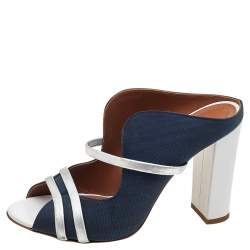 Pre Owned Malone Souliers Blue/Silver Fabric And Leather Maureen Block Heel Sandals Size 39