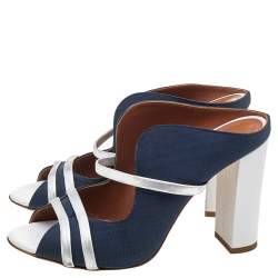 Pre Owned Malone Souliers Blue/Silver Fabric And Leather Maureen Block Heel Sandals Size 39