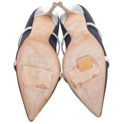 Pre Owned Malone Souliers Navy Blue/Silver Moire Fabric and Leather Maureen Pumps Size 38