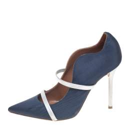Pre Owned Malone Souliers Navy Blue/Silver Moire Fabric and Leather Maureen Pumps Size 38