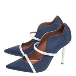 Pre Owned Malone Souliers Navy Blue/Silver Moire Fabric and Leather Maureen Pumps Size 38