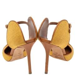 Pre Owned حذاء كعب عالي مالون سولييه جلد وكانفاس بني / أصفر حافة إيموجين مقاس 39