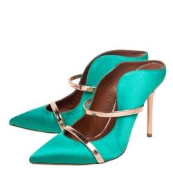 Pre Owned Malone Souliers  Green/Bronze  Satin And Leather Maureen Pumps Size 36.5