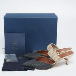 Pre Owned Malone Souliers Green/Beige Canvas and Raffia Maisie Pointed Toe Mules Size 37