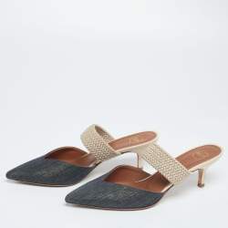 Pre Owned Malone Souliers Green/Beige Canvas and Raffia Maisie Pointed Toe Mules Size 37