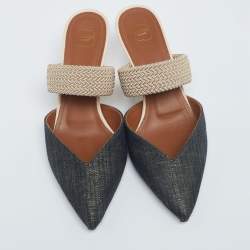 Pre Owned Malone Souliers Green/Beige Canvas and Raffia Maisie Pointed Toe Mules Size 37