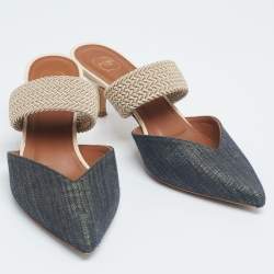 Pre Owned Malone Souliers Green/Beige Canvas and Raffia Maisie Pointed Toe Mules Size 37