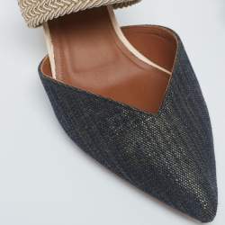 Pre Owned Malone Souliers Green/Beige Canvas and Raffia Maisie Pointed Toe Mules Size 37