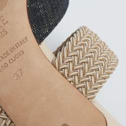 Pre Owned Malone Souliers Green/Beige Canvas and Raffia Maisie Pointed Toe Mules Size 37