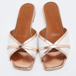 Pre Owned Malone Souliers White/Rose Gold Straw and Leather Flats Size 37.5